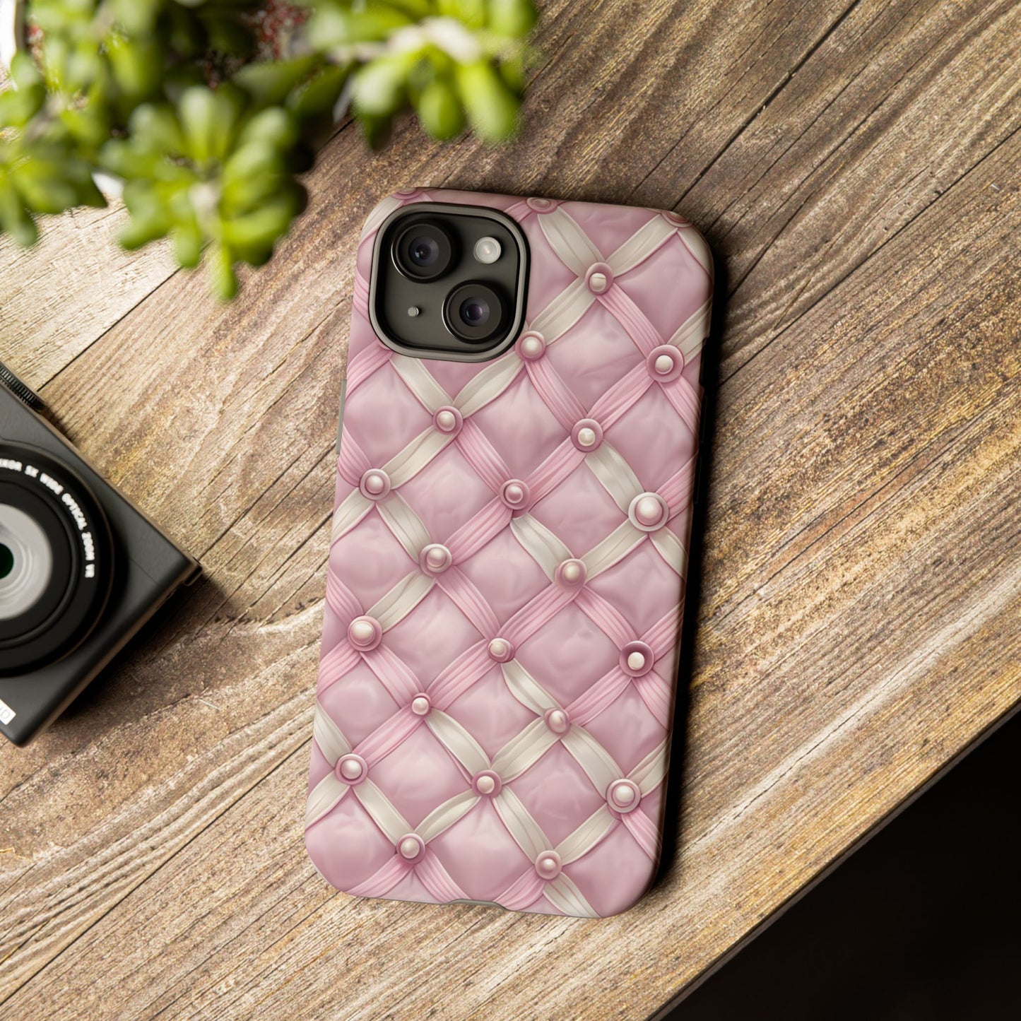 Pink Textured Phone Case with Pearls