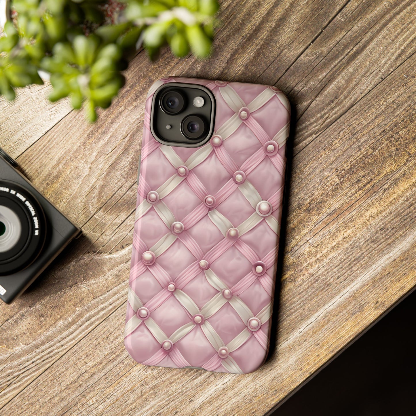 Pink Textured Phone Case with Pearls