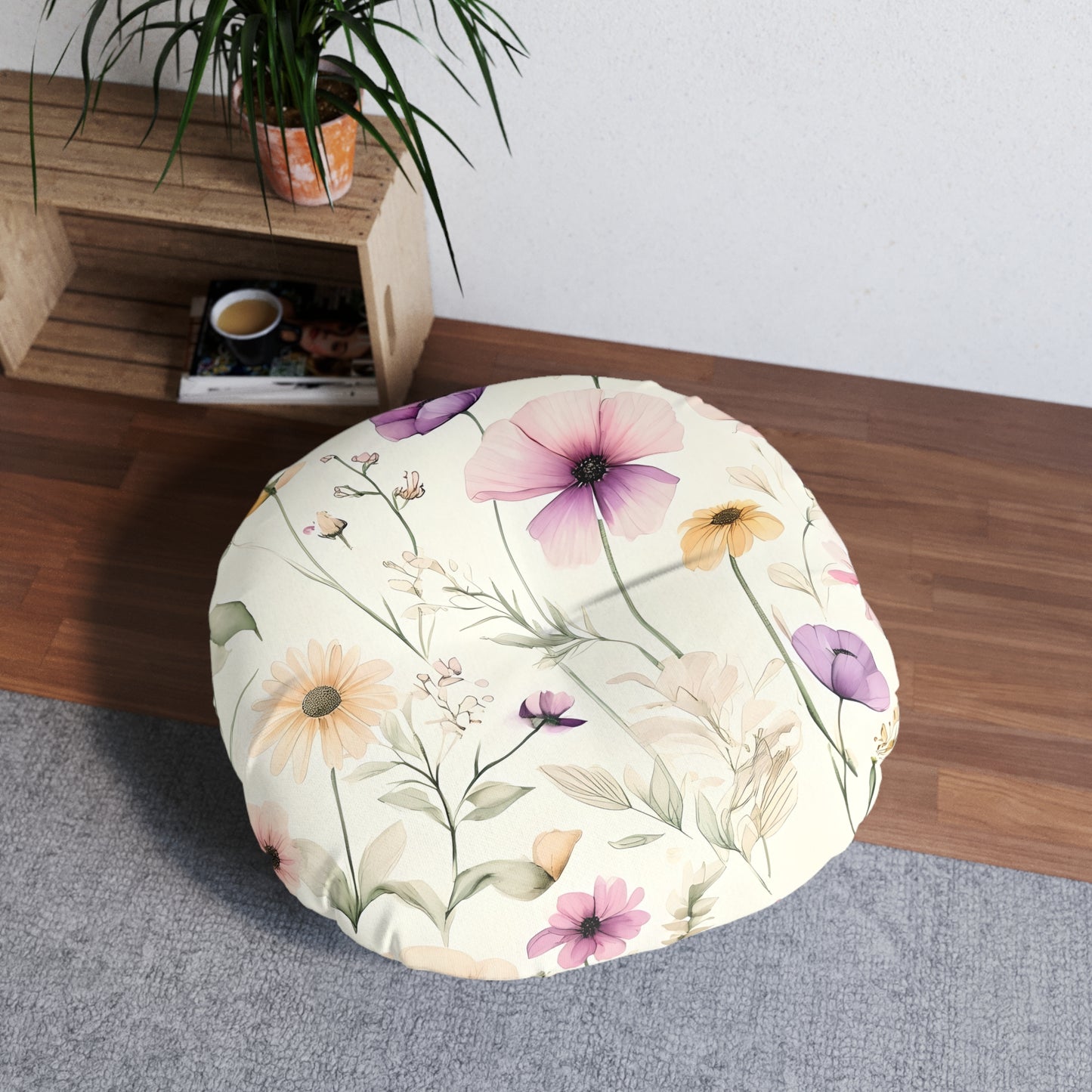 Boho Floral Tufted Floor Pillow, Round