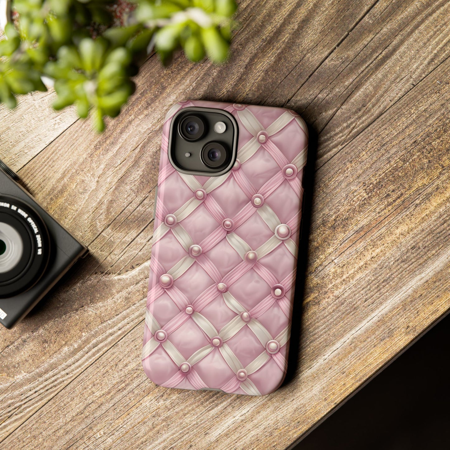 Pink Textured Phone Case with Pearls