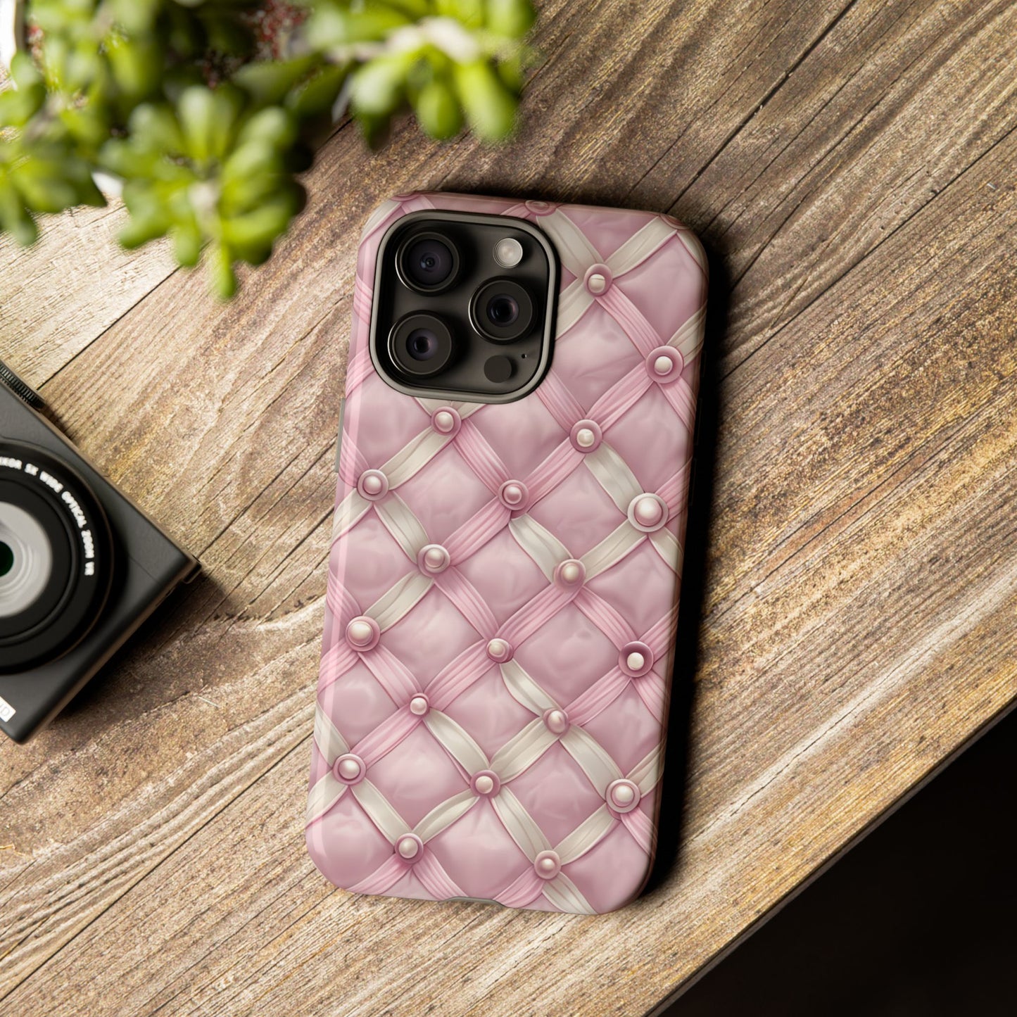 Pink Textured Phone Case with Pearls