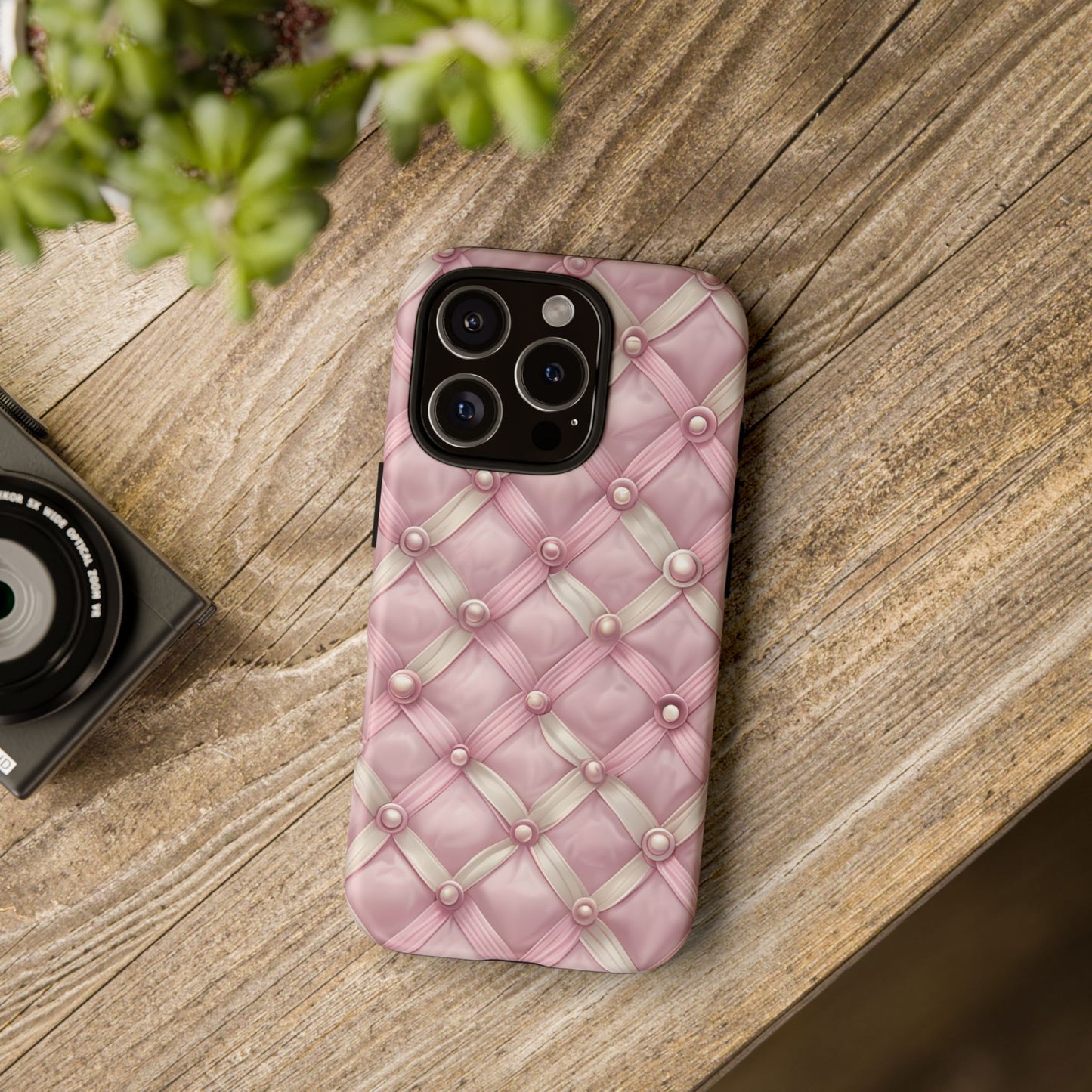 Pink Textured Phone Case with Pearls